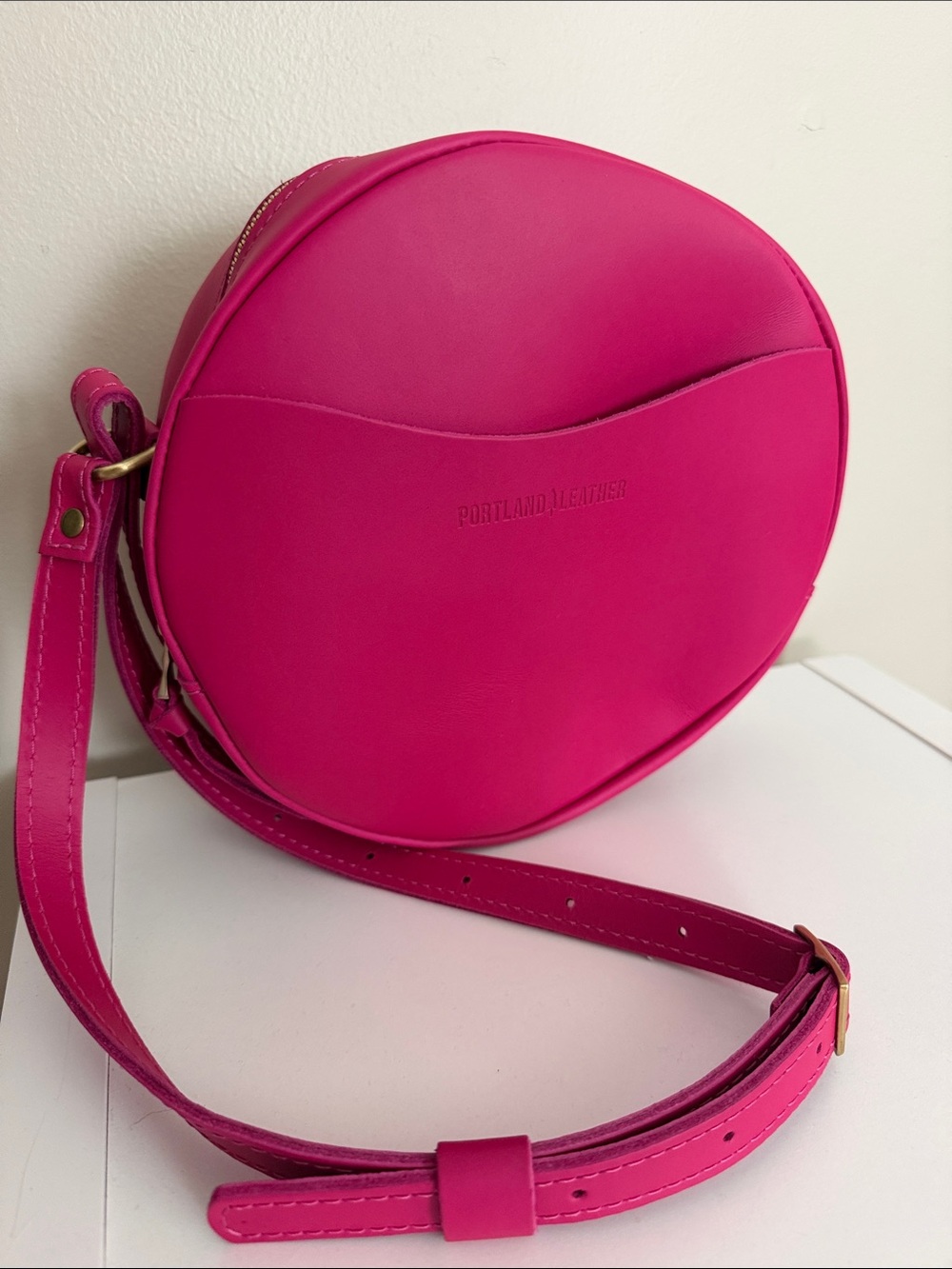 Portland Leather ‘Almost Perfect’ Circle Hot Pink Round Crossbody Bag